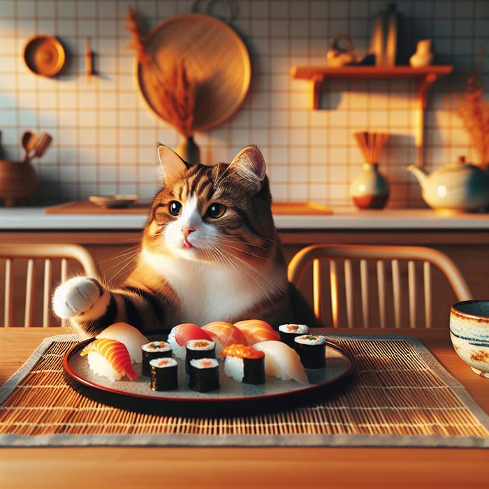 Ginger Cat Eating Sushi: Adorable Scene of Serenity