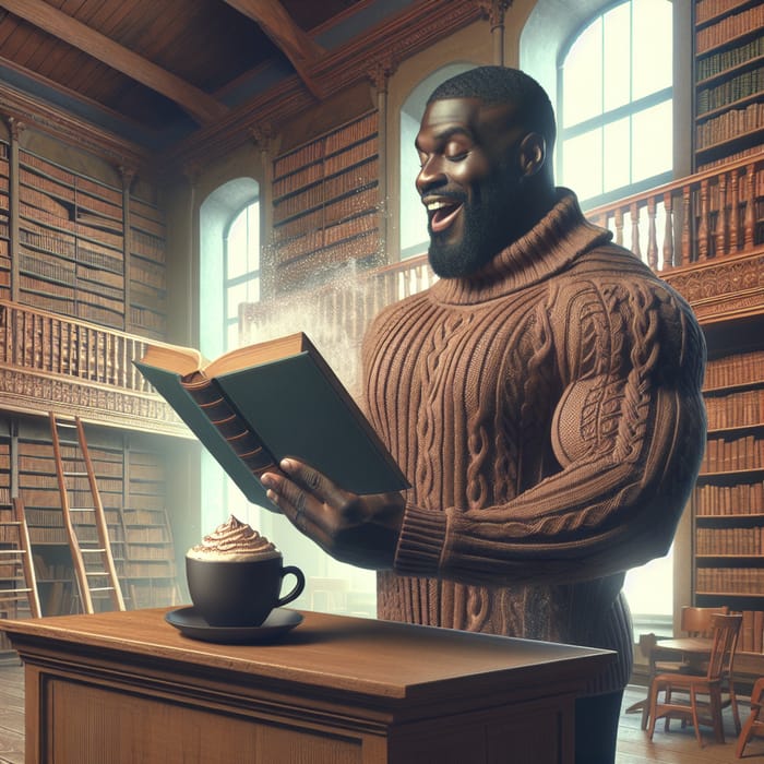 Enthusiastic Man Reading Book in Cozy Library with Cocoa