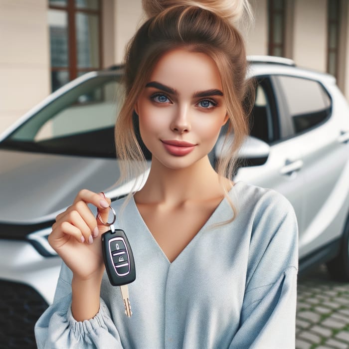 Stylish Young Woman with Balayage Hair, Holding Car