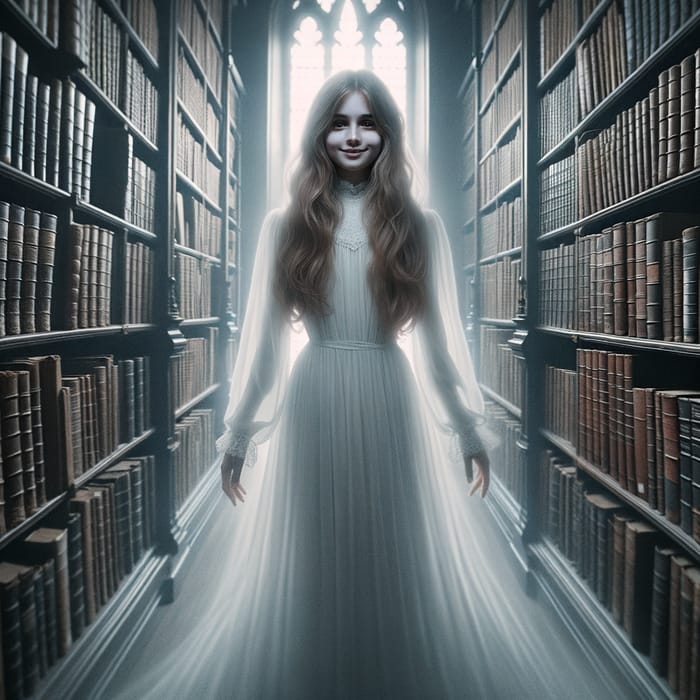 Ethereal Ghost Girl in Library | Haunting Spectral Presence