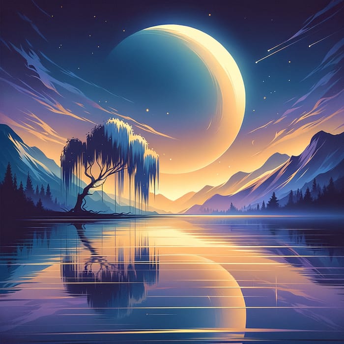 Serene iPhone Wallpaper with Crescent Moon and Willow Tree