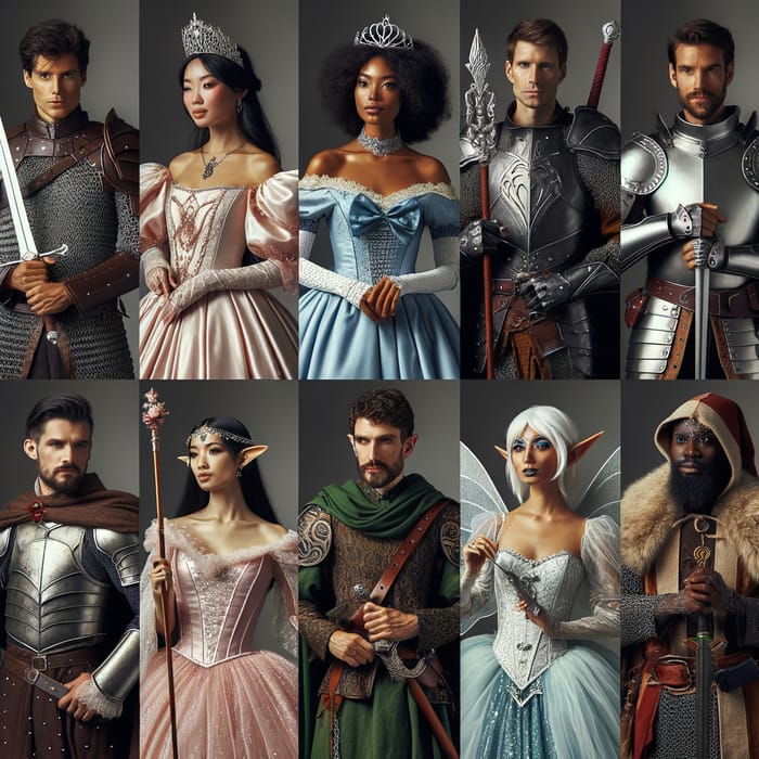 Diverse Fantasy Cosplay Group with Medieval Knight, Princess, Elf, Sorcerer, Dwarf Warrior, and Fairy Costumes