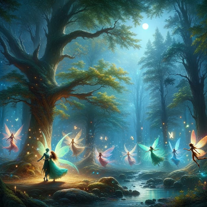 Enchanting Moonlit Forest with Dancing Fairies