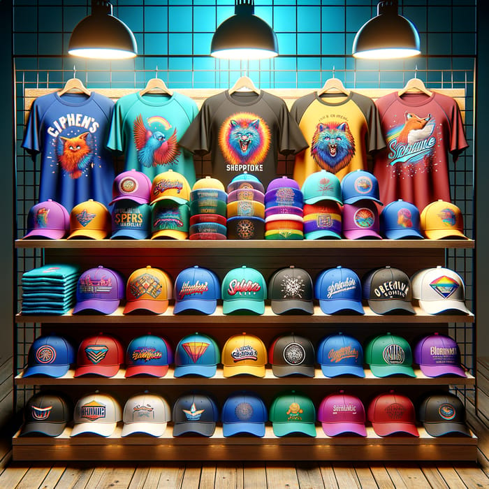 Vibrant Merchandise Rack with Shirts, Caps, and Mugs