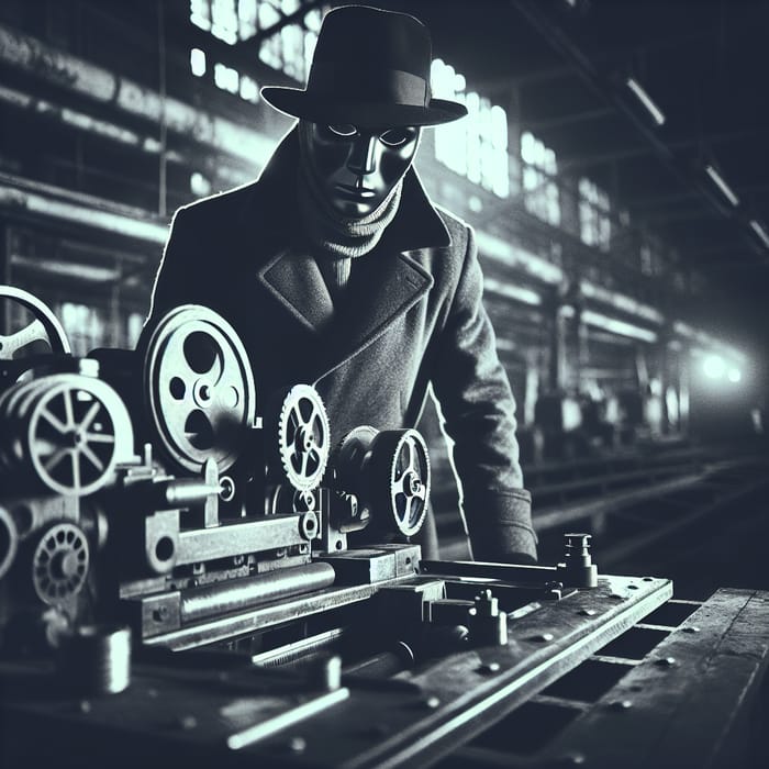 Masked Figure in Noir Style - Abandoned Industrial Thriller Scene