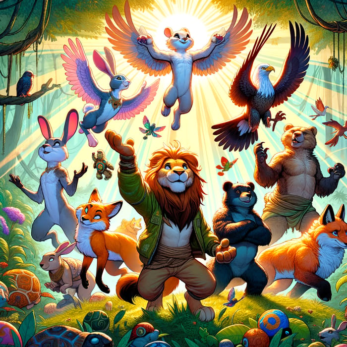 Whimsical Pixar-Style Poster with Colorful, Anthropomorphic Animals in Vibrant Forest