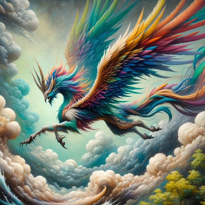Vibrant Feathered Mystical Creature Soaring in Cloudy Sky