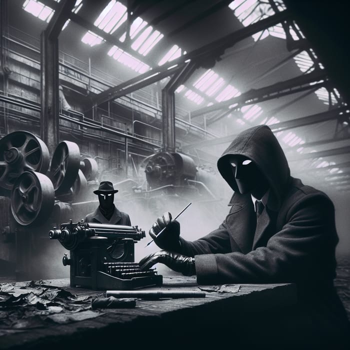 Captivating Mysterious Masked Figure in Noir Industrial Scene