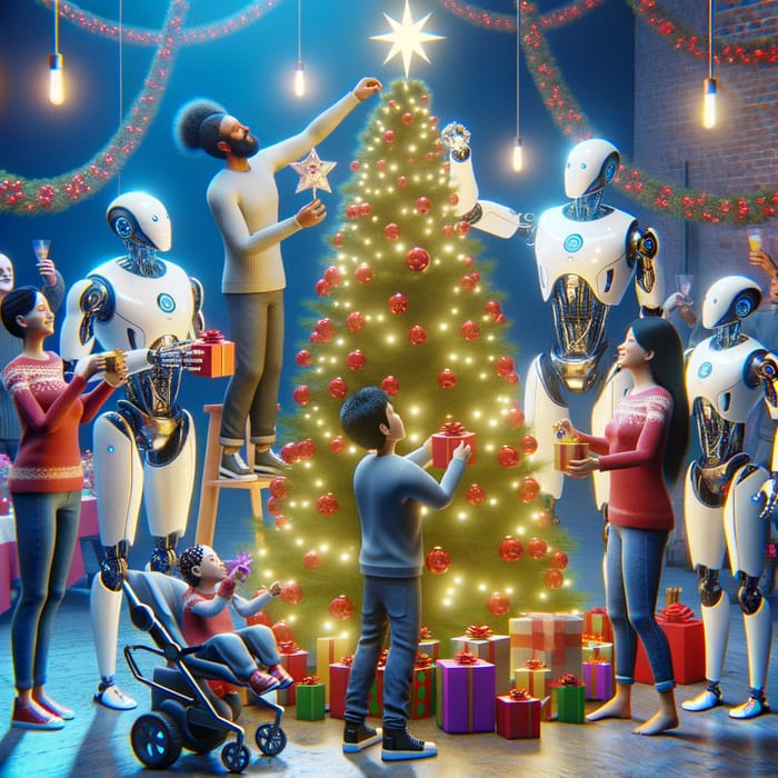 Futuristic Christmas Celebration: Humans and Robots in 2050