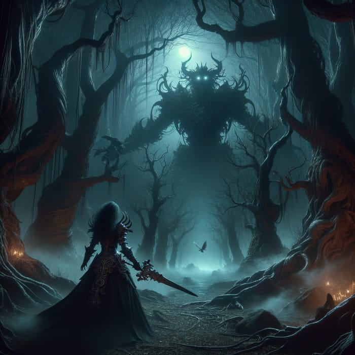 80s Dark Fantasy Art: Enchanted Forest Scene with Black Female Warrior