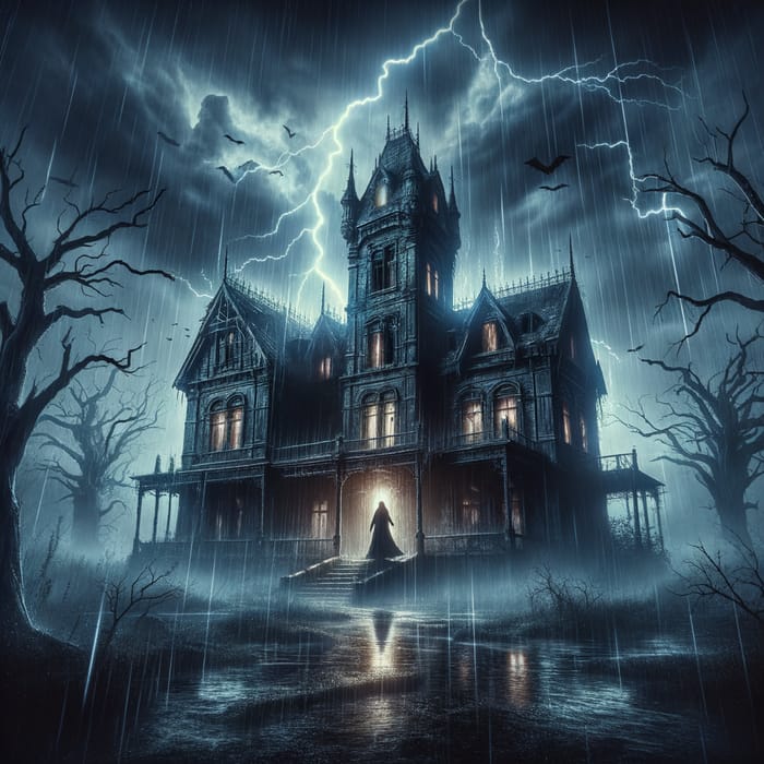 Eerie Gothic Mansion Horror Scene | Dramatic Lightning Capture