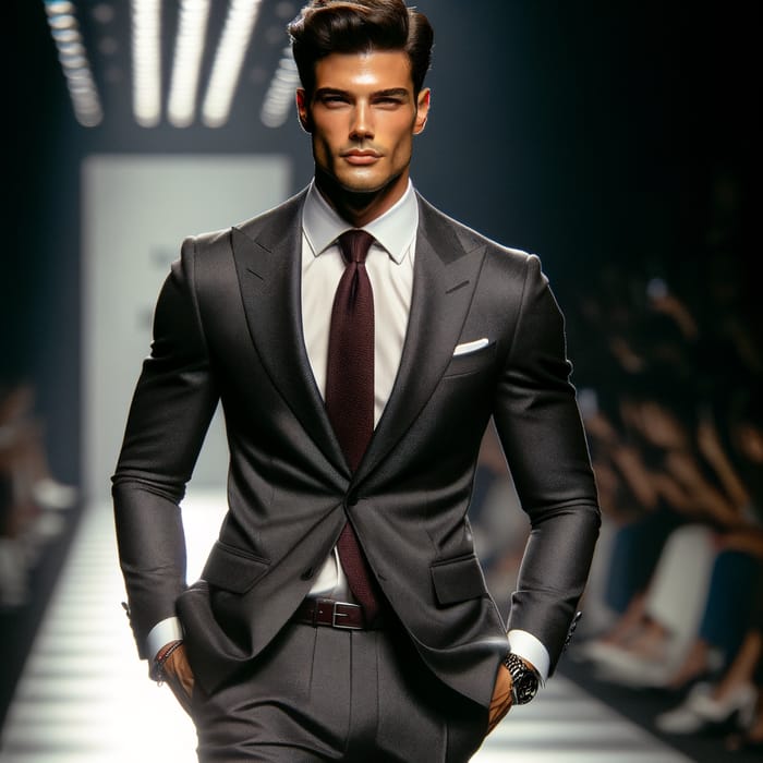 Captivating Hispanic Male Model Striding Down Runway in Stylish Suit