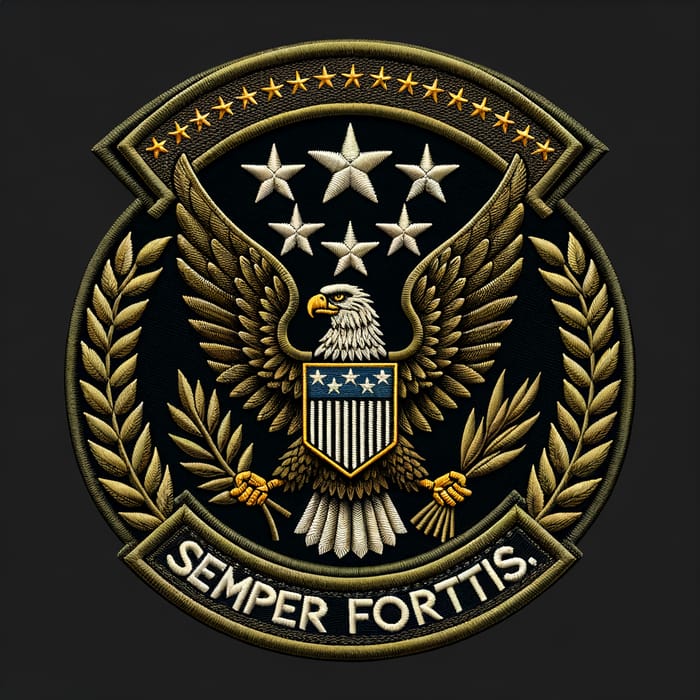 Military Patch: Shield Shape with Eagle, Laurel Wreath & Semper Fortis