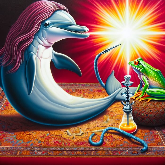 Wise Dolphin and Frog Conversing on Carpet with Hookah, AI Art Generator