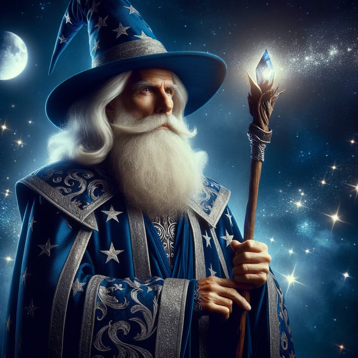 Mature White-Bearded Wizard in Deep Blue Robes | Fantasy Art