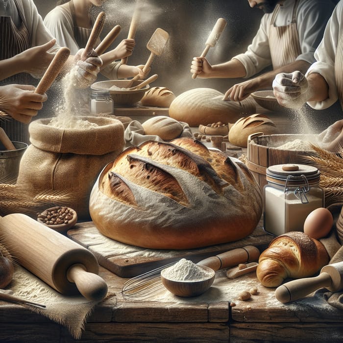 Enthusiastic Bakers Kneading Fresh Bread in Rustic Bakery Scene