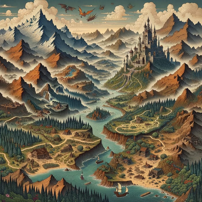 Intricate Fantasy Dungeons & Dragons Map with Varied Landscapes & Settlements