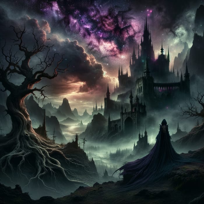 Ethereal Dark Fantasy Landscape with Gothic Castle - Enigmatic Sorceress