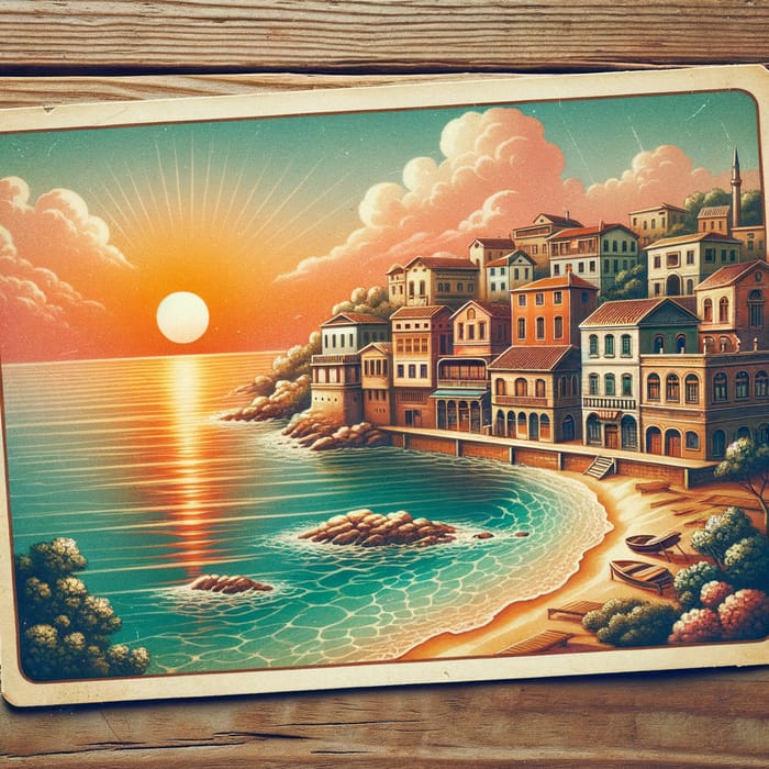 Vintage Coastal Town Sunset Postcard | Idyllic Seaside Image