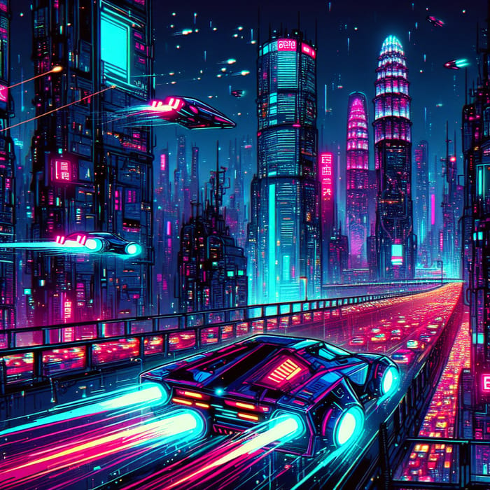 Futuristic Cyberpunk Cityscape: Neon Lights, Flying Cars & Excitement