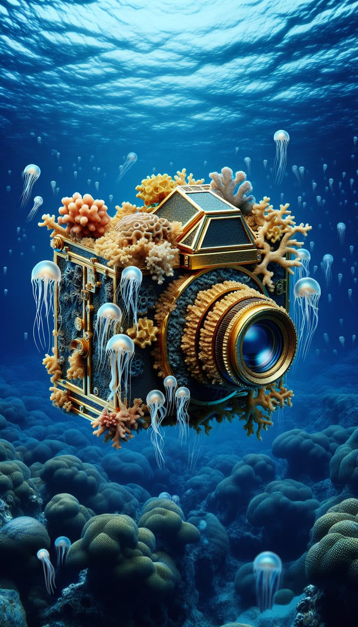Underwater Coral Camera with Golden Accents in Marine Depths