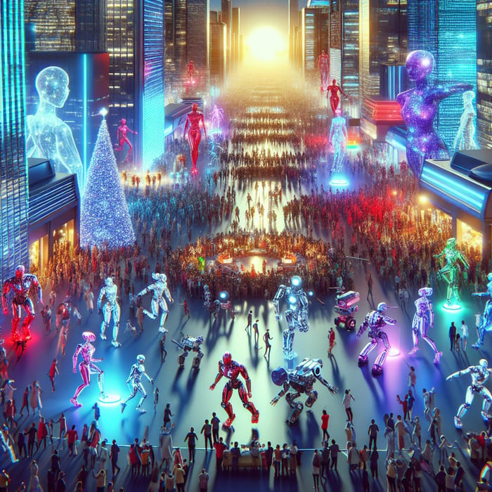 Sci-Fi Christmas Celebration with Robots and People in Vibrant Cityscape