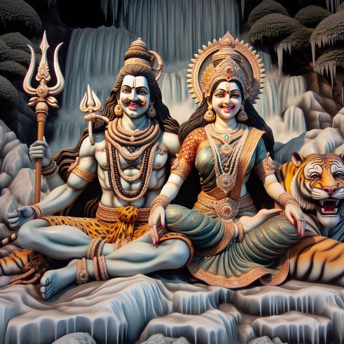 Lord Mahadev and Parvati Seated Joyfully on Snowy Rock - Divine Image