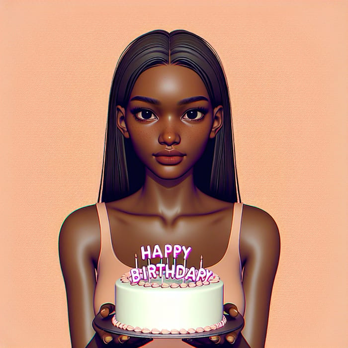 Pixar Style Illustration: Young African Woman with Birthday Cake