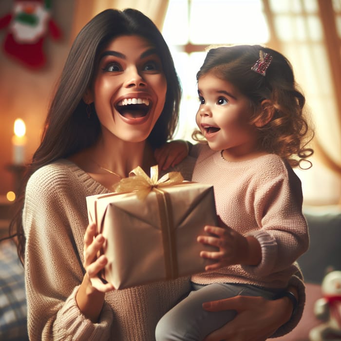 Joyful Moment: Young Latina Mom and Daughter Delighted by Gift