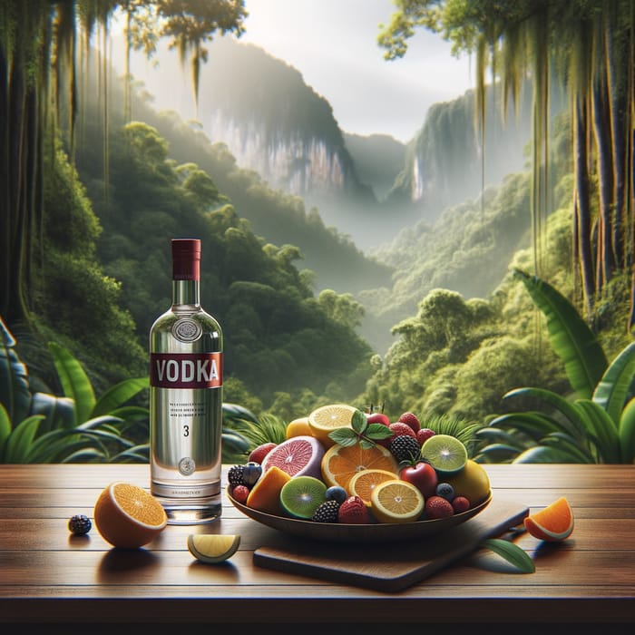 Vodka Bottle and Colorful Fruit Slices in Jungle Setting