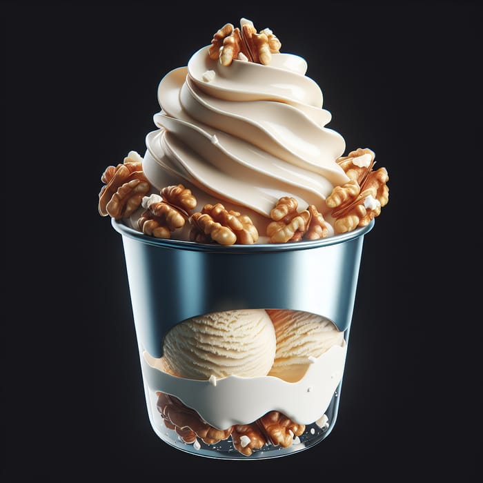 Creamy Vanilla Ice Cream Cup with Whipped Cream and Walnuts