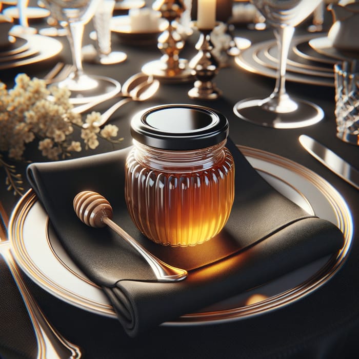 Elegant Honey on Black Tablecloth in Restaurant Setting