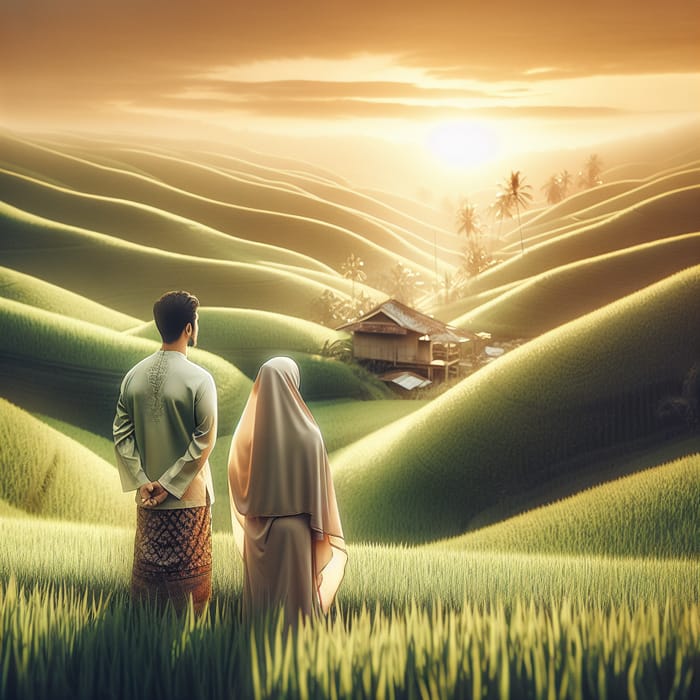 Muslim Couple Admiring Beautiful Heavenly-Looking Paddy Field