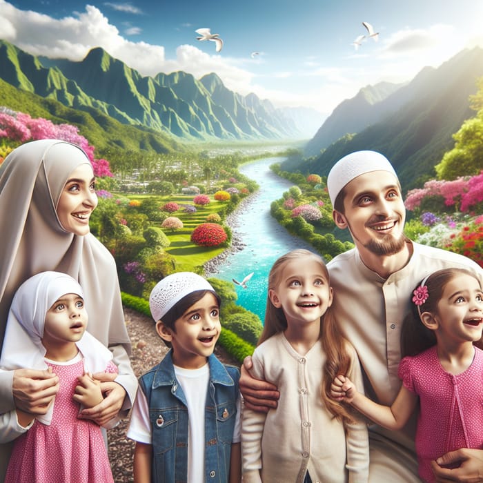 Muslim Family Admiring Heavenly Landscape with Children