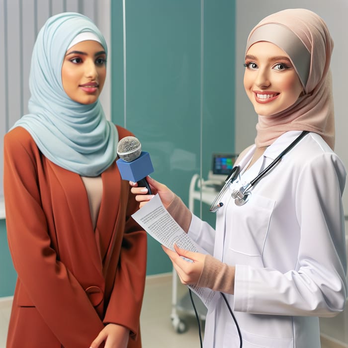 Hijab-Wearing TV Host Interviews Dentist - Microphone Shot