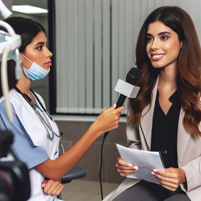 Female News Reporter Interviews Dentist with Dental Equipment