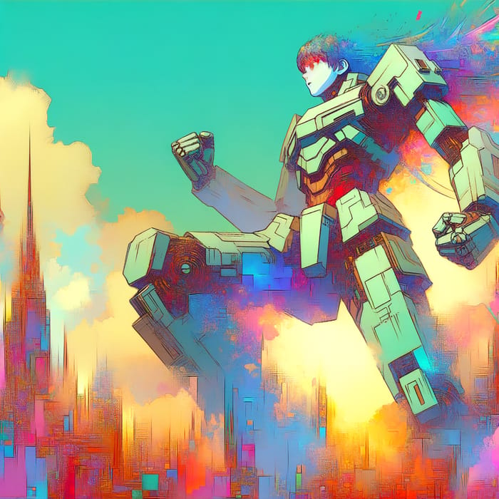 Powerful Cyberpunk Anime Giant in Colorful World
