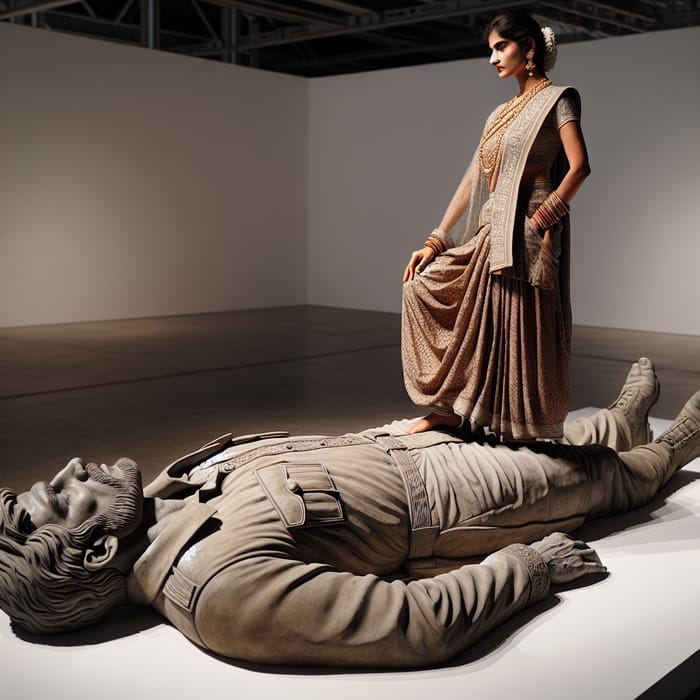 Powerful South-Asian Woman Stands on Captivating Sculpture
