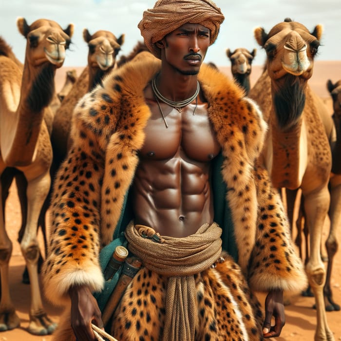 Nomadic Somali Man Handling Camels in Cheetah Fur Outfit