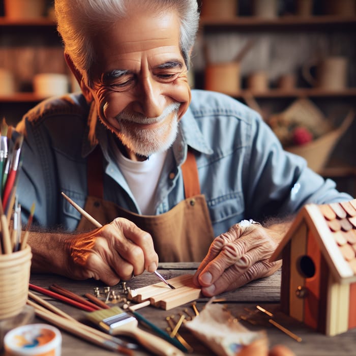 Elderly Hispanic Man Crafting Wooden Birdhouse with Joy | Creative Arts and Crafts
