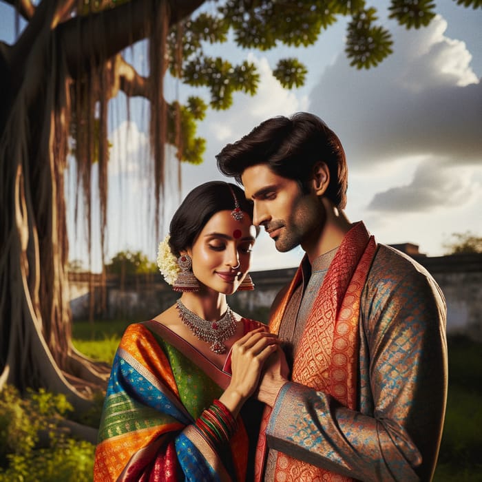 Peaceful Indian Couple in Traditional Attire Outdoors