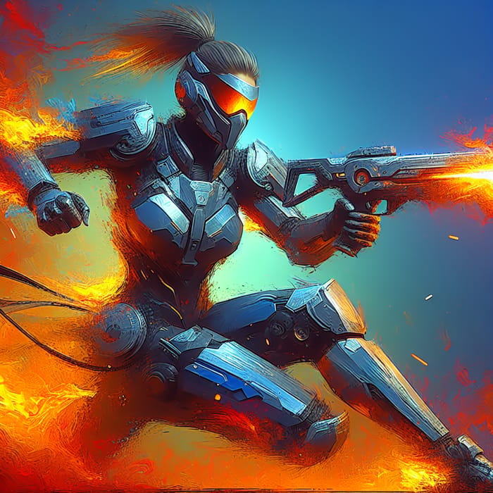 Female Warrior in Futuristic Armor with Blazing Weapon