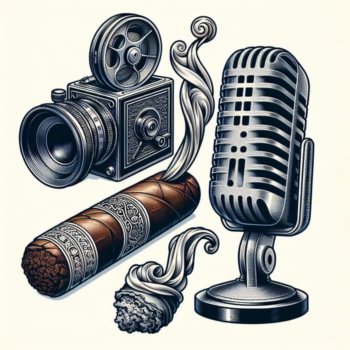 Realistic Cinematic Logo Design with Camera, Cigar & Microphone - Unique Merging