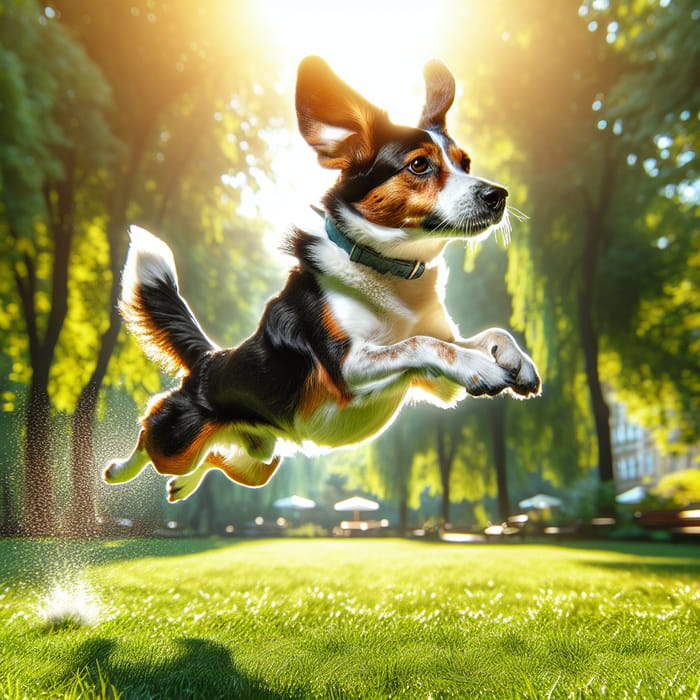 Dynamic Dog Jumping in a Cheerful Park Setting
