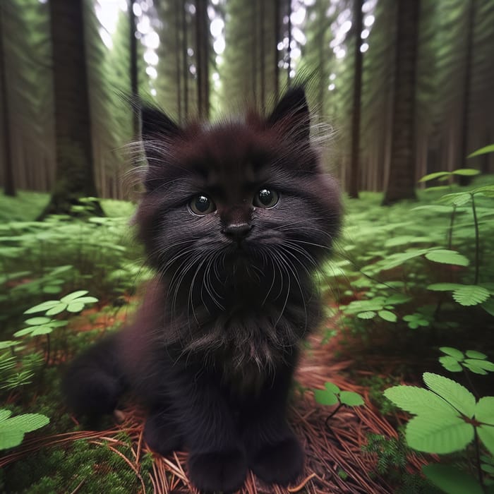 Enchanting Forest: Cute Black Kitten with Loveable Grumpiness