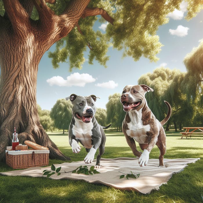 Serene Park Scene with Playful Gray and Brown Pit Bulls