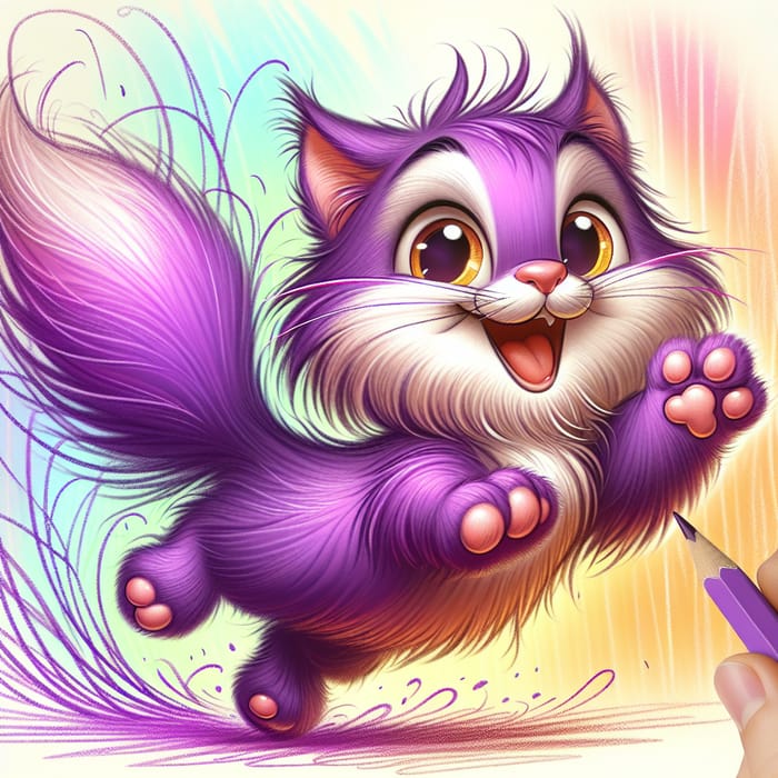 Playful Cat Cartoon Drawing - Joyful Feline in Vibrant Purple