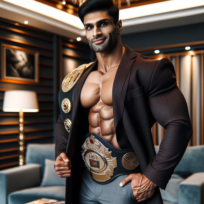 Indian Man in Suit Holding Championship Belt | Muscular Physique