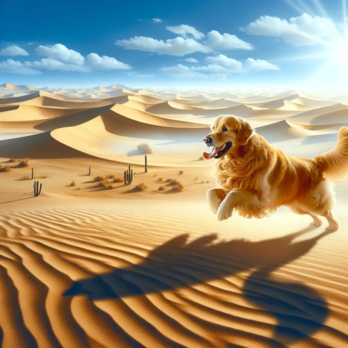Golden Retriever Bounding Through Expansive Desert Landscape