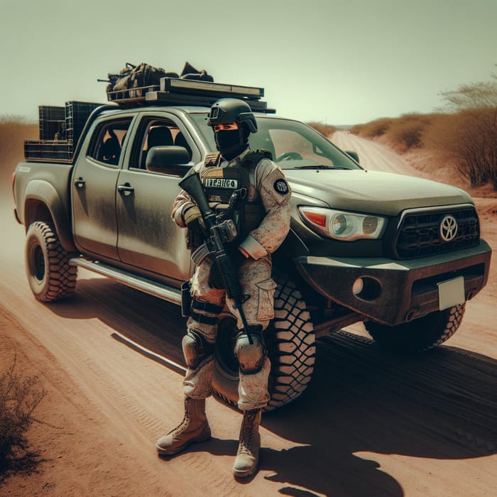 Mexican Soldier in 4x4 Pickup Truck | Patrolling Remote Arid Landscape